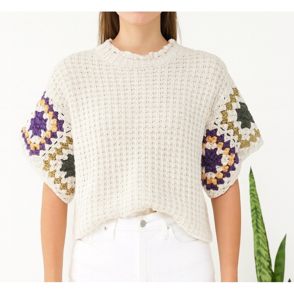 Afgan Sweater Sz Xs Knit Flutter Short Sleeve winter one of a kind boho indie